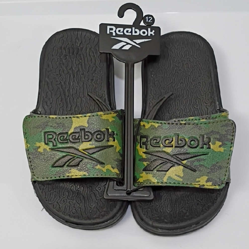 REEBOK KID'S SLIDE SANDALS - Green & Yellow and Black Camo Strap - SIZE 12 NWT